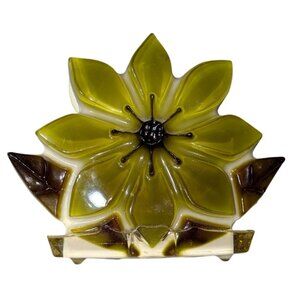 Vintage Resin Flower Napkin/Letter Holder Green & Brown Handmade MCM